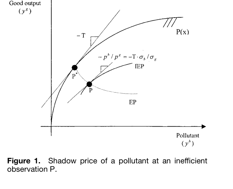 Figure 1. 비효율 관측치 P 에서의 그림자 가격 도식. 점 P 가 frontier 점 P^* 와 같은 IEP(iso-efficiency path) 위에 놓여 있고, 두 점의 기울기 T 가 동일하지만 본 paper 는 inefficiency 보정 계수 \sigma_b/\sigma_g 를 곱한 T \cdot \sigma_b/\sigma_g 를 그 관측치가 직면하는 상대 그림자 가격으로 정의한다.