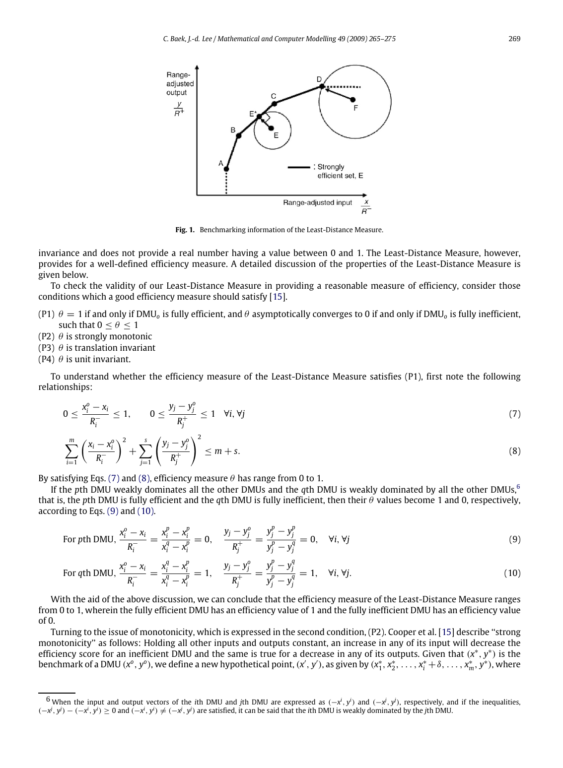 Fig. 1. Least-Distance Measure 의 conceptual framework: 비효율 DMU 에서 strongly efficient set E 까지의 최단 projection 으로 benchmark 찾기. 기존 orientation model (input 만 수축 vs output 만 확장) 의 제약 방향 한계와 slack-max model (RAM, Russell) 의 가장 먼 benchmark 한계를 동시에 해결.