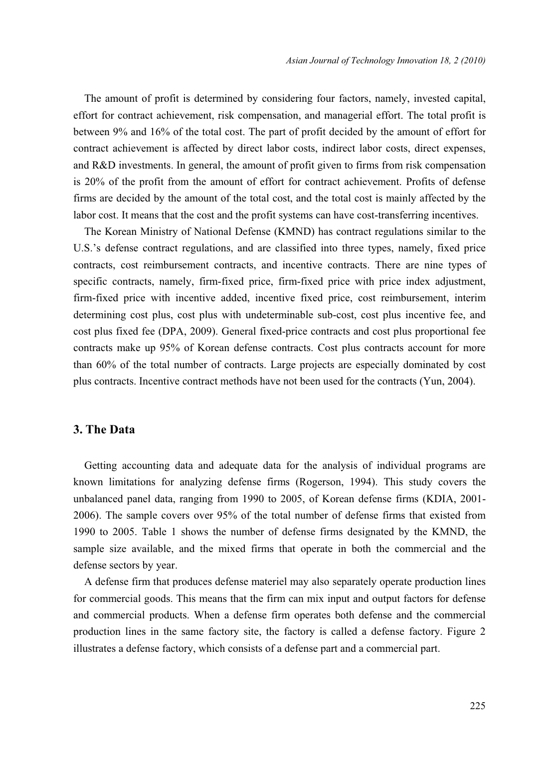 Fig. 1. 한국 방위산업 cost accounting and profit rules: 총비용 = 직접비 + 간접비 + 일반관리비. 노동비가 간접비·일반관리비의 함수 (Direct labor cost → indirect labor + expenses). 이익 = 9–16% of 총비용 (capital · effort · risk · management 의 4 요인). 본 paper 가 검증한 cost-shifting incentive 의 institutional context — 노동비 oriented cost calculation 이 cost transfer 의 incentive 를 만든다.