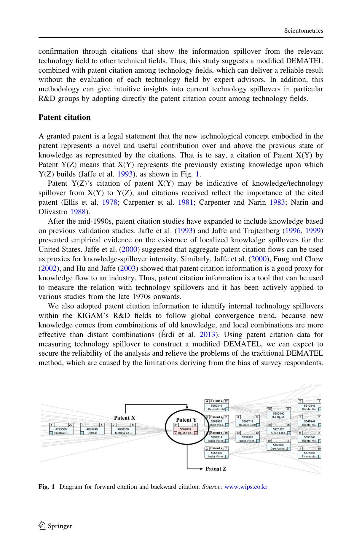 Forward citation / backward citation diagram for patent citation analysis. Patent Y 가 patent X 를 인용한다는 것은 X 에서 Y 로 knowledge spillover 가 일어난 evidence — Jaffe et al. (1993, 2000) 의 핵심 가정.