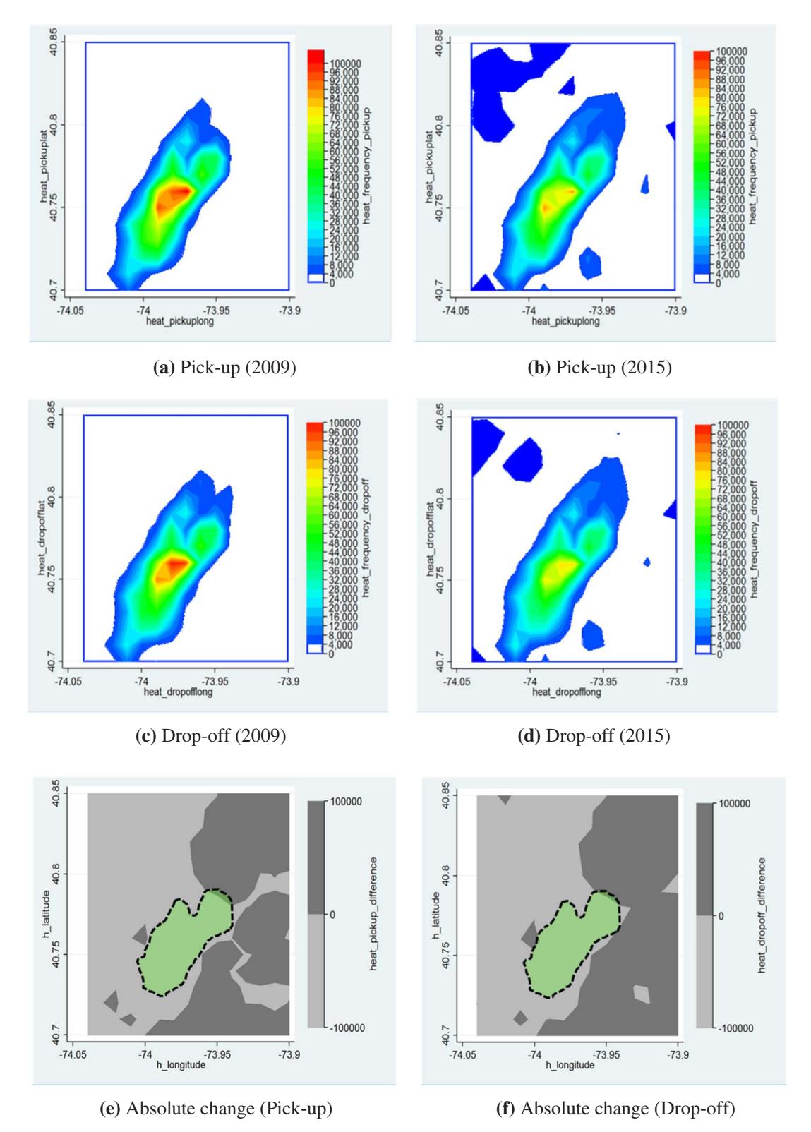 우버 진입 전후 (2009 vs 2015) 의 픽업·드롭오프 빈도 heatmap — 맨해튼 중심부 (점선 영역) 의 운행은 줄고 외곽이 진해진다. 영업 영역의 공간적 확장 이 곧 incumbent 의 적응 메커니즘.