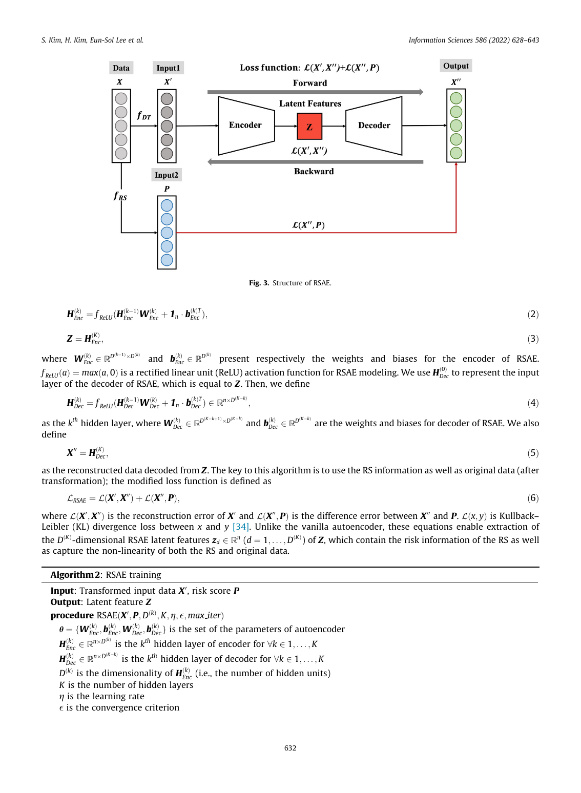 Fig. 3 의 RSAE 구조: input \mathbf{X}' → encoder (K layers, ReLU) → bottleneck \mathbf{Z} → decoder → reconstruction \mathbf{X}''. Loss \mathcal{L}_{RSAE} = \mathcal{L}_{KL}(\mathbf{X}', \mathbf{X}'') + \mathcal{L}_{KL}(\mathbf{X}'', \mathbf{P}) 의 dual term 이 \mathbf{Z} 에 reconstruction information + health risk information 동시 인코딩. RS \mathbf{P} 가 latent space 에 explicit embedding.