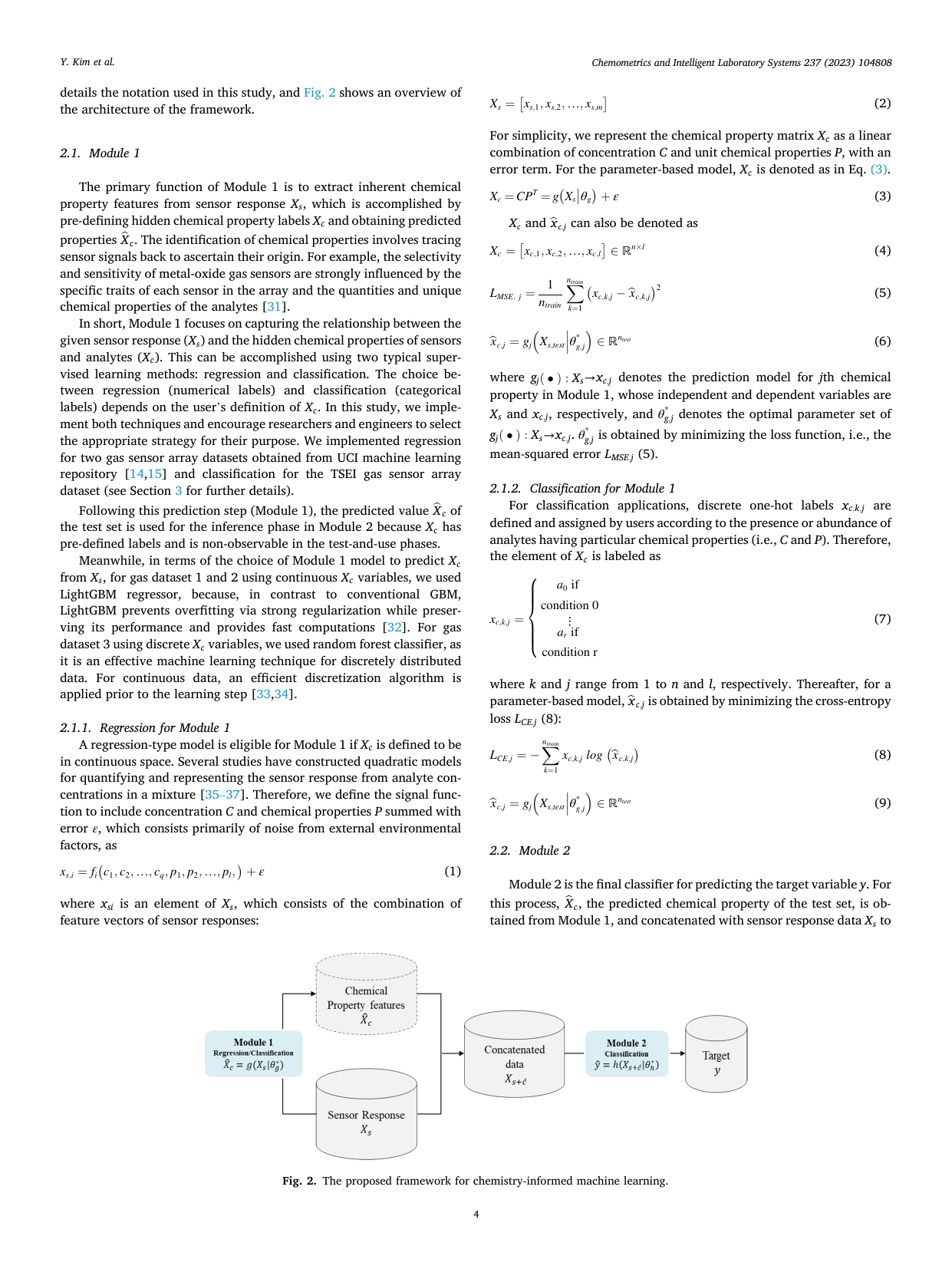 2-module chemistry-informed ML framework. Module 1 (sensor response → predicted chemical property regression/classification) + Module 2 (raw + predicted property concatenation → final gas class classification).