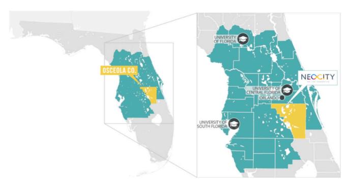 NeoCity 의 Osceola County 내 위치. Orlando International Airport 20 분 거리, 482.5 acre 의 county 직접 소유 부지로 Skywater Technology · NeoCity Academy STEM School · SNU 연구센터가 입주한 semiconductor / smart city innovation hub. 본 paper 의 비교 대상지 중 하나.